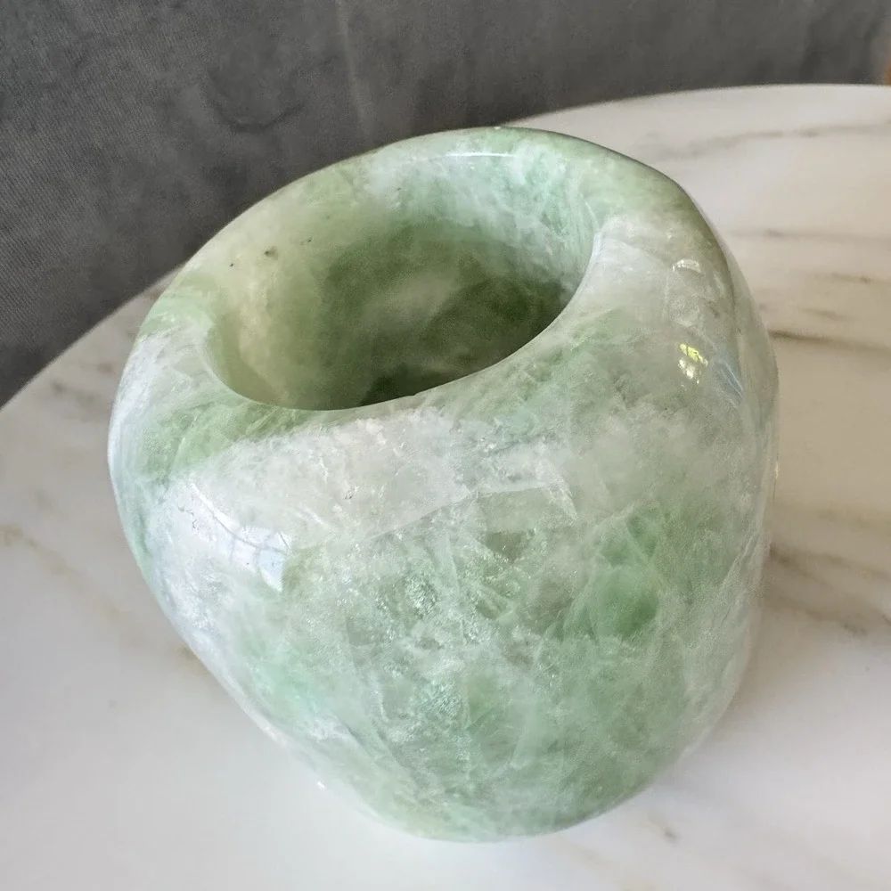 Vintage Green Polished Flourite Calming Crystal Votive Tealight Candle Holder